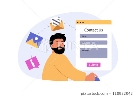 Contact us concept in modern flat design for web. Man has problem and questions, filling online form and sending email letter to support center for finding solution and help. Vector illustration. Contact us concept in modern flat design for web. Man has problem and questions, filling online form and sending email letter to support center for finding solution and help. Vector illustration. 118982042