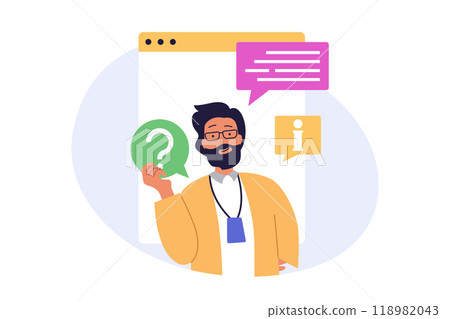 Contact us concept in modern flat design for web. Man chatting online with operator of support center, getting advice and information, finding solutions for his questions in info. Vector illustration. Contact us concept in modern flat design for web. Man chatting online with operator of support center, getting advice and information, finding solutions for his questions in info. Vector illustration. 118982043
