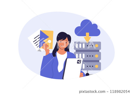 Cloud computing concept in modern flat design for web. Woman using database service and processing data, downloading digital document files, sharing content and managing online. Vector illustration. Cloud computing concept in modern flat design for web. Woman using database service and processing data, downloading digital document files, sharing content and managing online. Vector illustration. 118982054