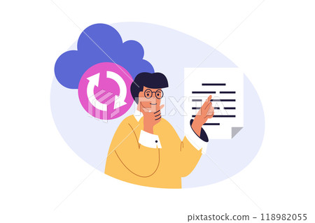 Cloud computing concept in modern flat design for web. Man using online sync service, downloading digital document files for backup with internet protection, sharing content. Vector illustration. Cloud computing concept in modern flat design for web. Man using online sync service, downloading digital document files for backup with internet protection, sharing content. Vector illustration. 118982055