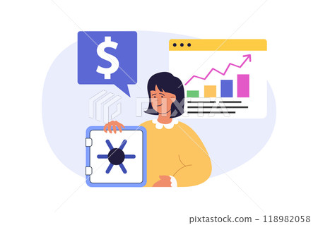 Business concept in modern flat design for web. Businesswoman analyzing financial chart, saving budget finance, finding solution, developing company strategy with investments. Vector illustration. 118982058