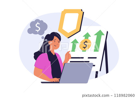 Business concept in modern flat design for web. Businesswoman analyzing financial report, developing project with safe income and balance growth, creating company strategy. Vector illustration. Business concept in modern flat design for web. Businesswoman analyzing financial report, developing project with safe income and balance growth, creating company strategy. Vector illustration. 118982060