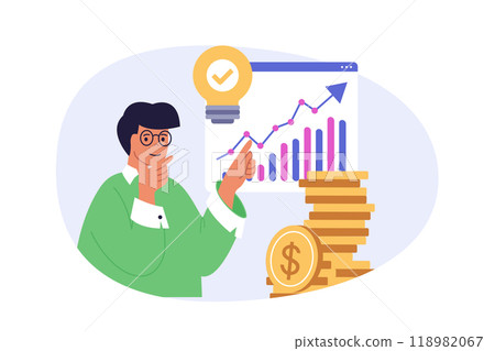 Business and finance concept in modern flat design for web. Businessman calculating financial income and analyzing graph, brainstorming investment ideas for profit development. Vector illustration. 118982067
