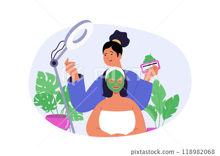 Beauty salon concept in modern flat design for web. Professional beautician doing skin care treatment with cream and applying facial mask to woman face in studio under lamp. Vector illustration. 118982068