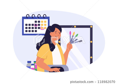 Beauty salon concept in modern flat design for web. Professional manicure master choosing nail polish samples with different colors, waiting client visits in studio with mirror. Vector illustration. 118982070