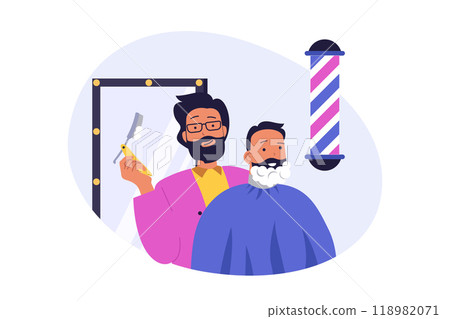 Beauty salon concept in modern flat design for web. Barber with professional straight razor shaving man face, making care treatment for client beard and moustache in barbershop. Vector illustration. 118982071