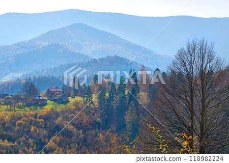 Aerial view of an autumn small village in a valley and mountains in a blue haze Aerial view of an autumn small village in a valley and mountains in a blue haze 118982224