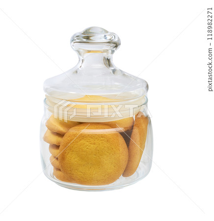 Danish butter cookies in a jar, isolated on white background. Glass jar with round danish butter cookies. 118982271