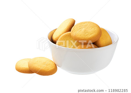 Danish butter cookies in a ceramic bowl isolated on white background. 118982285