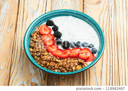 Healthy breakfast . Yogurt with berries ( strawberry , raspberry , blueberry , blackberry ) , granola and chia seeds . Top view Healthy breakfast . Yogurt with berries ( strawberry , raspberry , blueberry , blackberry ) , granola and chia seeds . Top view 118982407