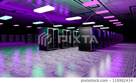 Server. Room servers data center. Backup, mining, hosting, mainframe, farm and computer rack with storage information. Server room data center. 3d render 118982414