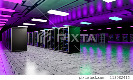 Server. Room servers data center. Backup, mining, hosting, mainframe, farm and computer rack with storage information. Server room data center. 3d render 118982415