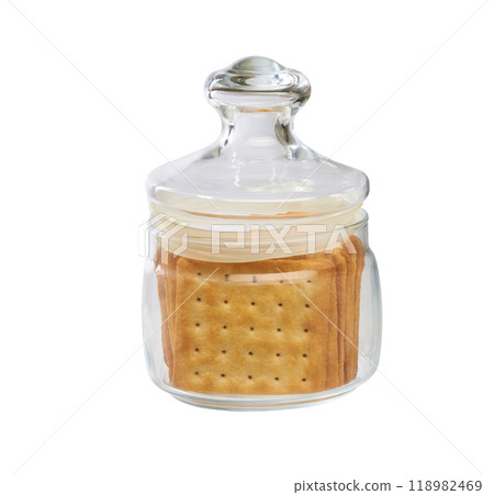 Water crackers square shape in a clear glass jar, isolated on white background. Glass jar with saltine or square soda crackers. Water crackers square shape in a clear glass jar, isolated on white background. Glass jar with saltine or square soda crackers. 118982469
