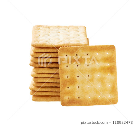 Stack of square water crackers isolated on white background. Water crackers placed on top of each other on a white background. 118982478