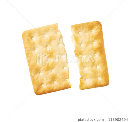 Broken square water crackers isolated on white background, top view. 118982494