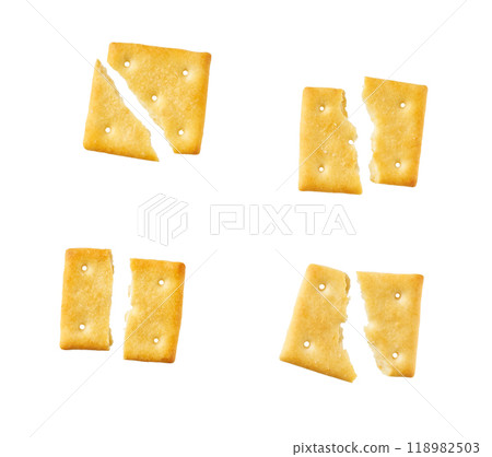 Broken square crackers isolated on white background, top view. 118982503