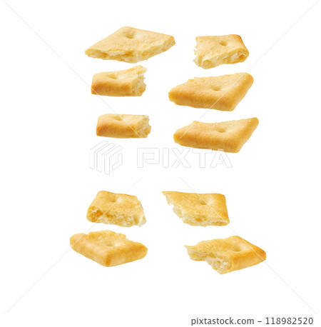 Broken square crackers isolated on white background. 118982520