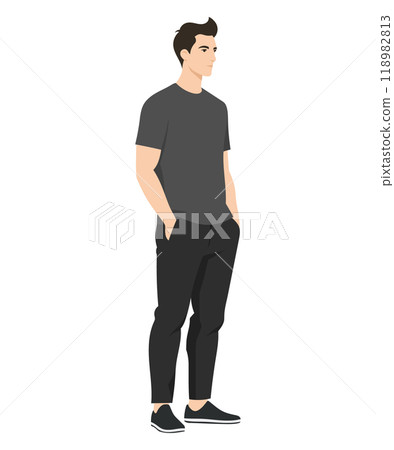 Vector illustration of a man. A simple and practical sporty style with a gray t-shirt and black sweatpants. 118982813