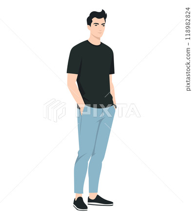 Vector illustration of a man. For a minimalist look, team a black t-shirt with light blue pants for an easy, casual look. 118982824