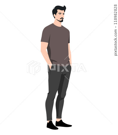 Vector illustration of a man wearing an olive t-shirt and tight black pants, creating a stylish and minimalist look. And simply give an onion Vector illustration of a man wearing an olive t-shirt and tight black pants, creating a stylish and minimalist look. And simply give an onion 118982828