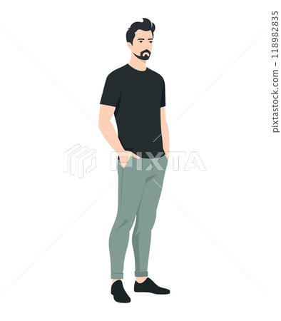 Vector illustration of a man. A simple casual look with a black t-shirt and light olive trousers for comfort. 118982835