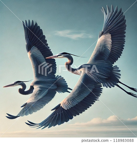 An illustration of a pair of grey herons flying happily in the sky 118983088