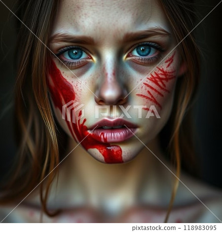 Photo of a sad woman with only scars on her face 118983095