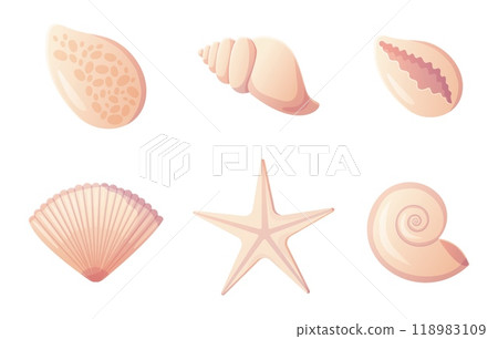 Seashells and starfish set. Cute beige cartoon clipart. Stock vector illustration isolated on a white background. 118983109
