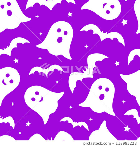 Halloween seamless pattern with cute cartoon ghosts. Vector background for scrapbooking, textile, fabric, wrapping paper, etc. 118983228