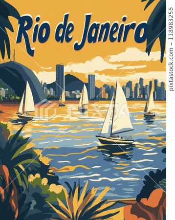 Experience the charm of Rio de Janeiro as sailboats glide across the shimmering waters, framed by lush greenery and a vibrant city skyline at sunset. 118983256
