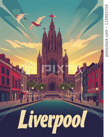 This colorful retro travel poster depicts Liverpool, highlighting its iconic architecture, bustling streets, and a serene sky at sunset, inviting adventures and exploration. This colorful retro travel poster depicts Liverpool, highlighting its iconic architecture, bustling streets, and a serene sky at sunset, inviting adventures and exploration. 118983358