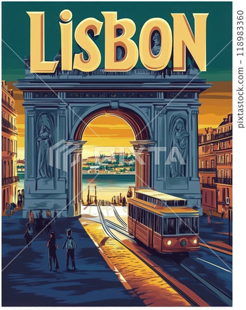 Discover the enchanting streets of Lisbon as a vintage tram rolls through the majestic arch, bathed in golden sunset light over the river. 118983360