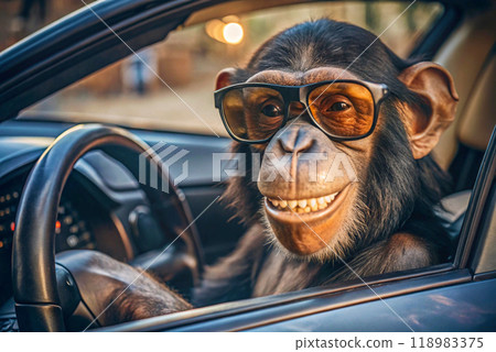 Cool cute funny monkey in sunglasses driving a car 118983375