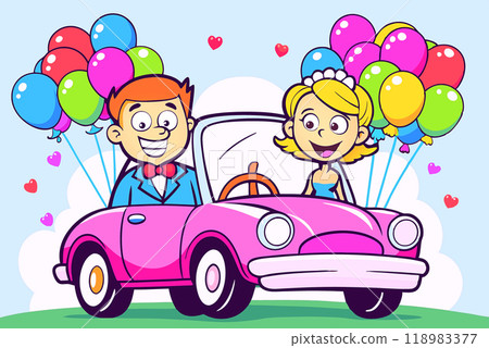 Funny smiling newlyweds are driving a car surrounded by festive balloons 118983377