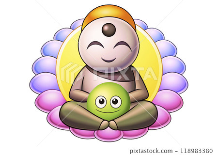 Healthy lifestyle. Young man meditating in yellow pink aura 118983380