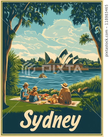 Families relax on the grass by the river, sharing a picnic while enjoying the beautiful scenery of Sydney and its famous Opera House nearby. 118983465