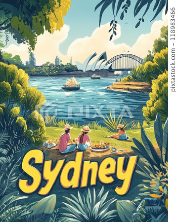 People relax by the waterfront in Sydney, enjoying a picnic with the Sydney Opera House and the Harbour Bridge in view amidst lush greenery. 118983466