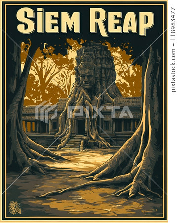 Experience the allure of Siem Reap, highlighting its majestic ancient temples embraced by nature. The scene captures historical architecture blending with lush vegetation. 118983477