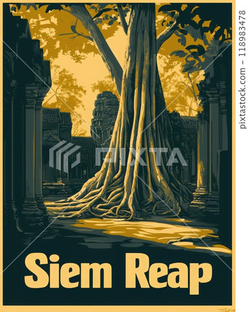 Explore the captivating beauty of Siem Reap, where ancient temples intertwine with lush trees, showcasing a rich cultural heritage and history. 118983478