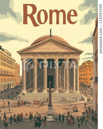 This retro travel poster captures the essence of Rome, showcasing the magnificent Pantheon surrounded by bustling street life and historical buildings under a warm sky. 118983499