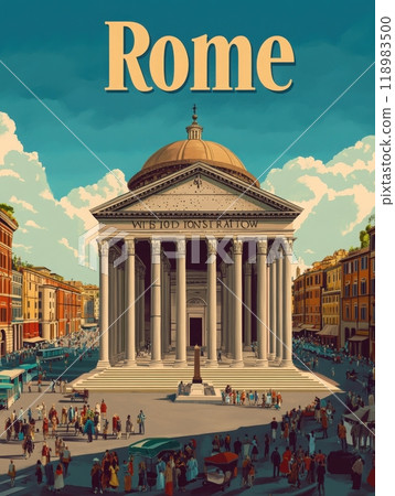 This classic travel poster showcases the majestic Pantheon surrounded by vibrant streets of Rome, capturing the spirit of Italian culture and history. 118983500