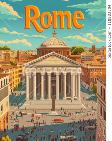 This retro travel poster captures the bustling life in Rome, featuring the iconic Pantheon surrounded by colorful buildings and lively streets filled with pedestrians. 118983504