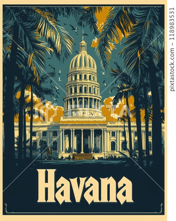 Discover the allure of Havana, where the grand architecture meets lush palm trees, creating a stunning tropical atmosphere. A perfect blend of history and beauty awaits. 118983531