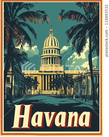 The poster captures the essence of Havana with its historic architecture, featuring a grand dome and palm trees, inviting travelers to experience the citys allure. 118983532