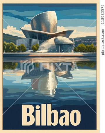 This vibrant travel poster features the Guggenheim Museum in Bilbao, elegantly situated by the river, reflecting its unique architecture under a clear sky, inviting visitors to explore the city. 118983572
