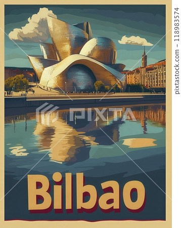 This vintage travel poster features the stunning Guggenheim Museum in Bilbao, highlighting its unique architecture and reflection in the water. A charming glimpse of the city. 118983574