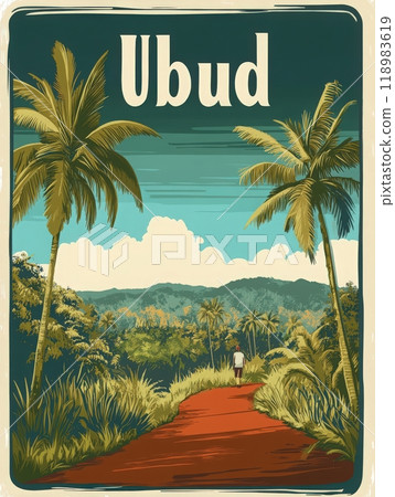 Experience the serene beauty of Ubuds greenery, where travelers stroll along winding paths surrounded by tropical palms and stunning mountains, capturing the essence of Balis rich culture. 118983619