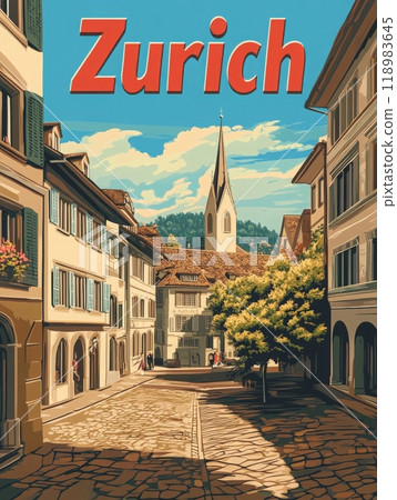 Delight in the picturesque streets of Zurich featuring historic buildings, a steeple, and vibrant landscapes, inviting visitors to explore. 118983645