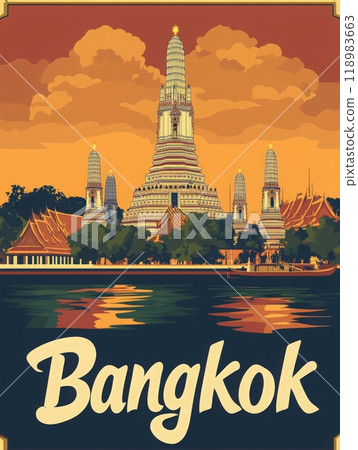 This vintage travel poster showcases Bangkoks iconic skyline at sunset, featuring ornate architecture, vibrant colors, and a serene riverside view. 118983663