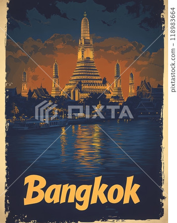 This vintage travel poster captures the stunning Wat Arun temple in Bangkok illuminated by a sunset backdrop, reflecting in the water below. The serene scene invites exploration of the city. 118983664